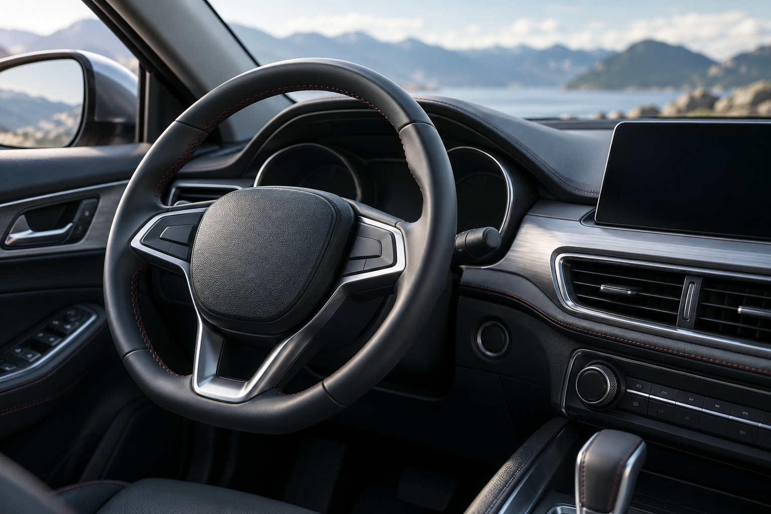 Steering wheel and dashboard in a modern vehicle interior